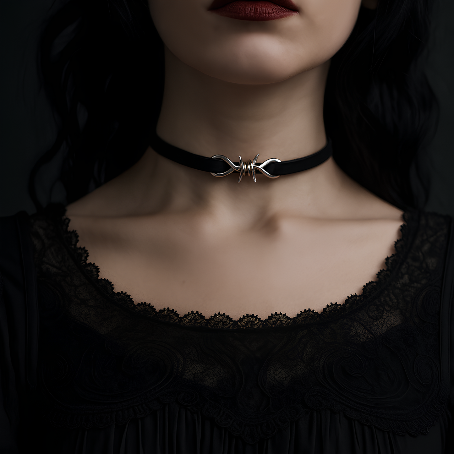 Front display of gothic leather choker with barbed wire on model's neck. Shop concert, altcore and punk jewelry online in India. Organic Leather with stainless steel components, perfect for sensitive skin.