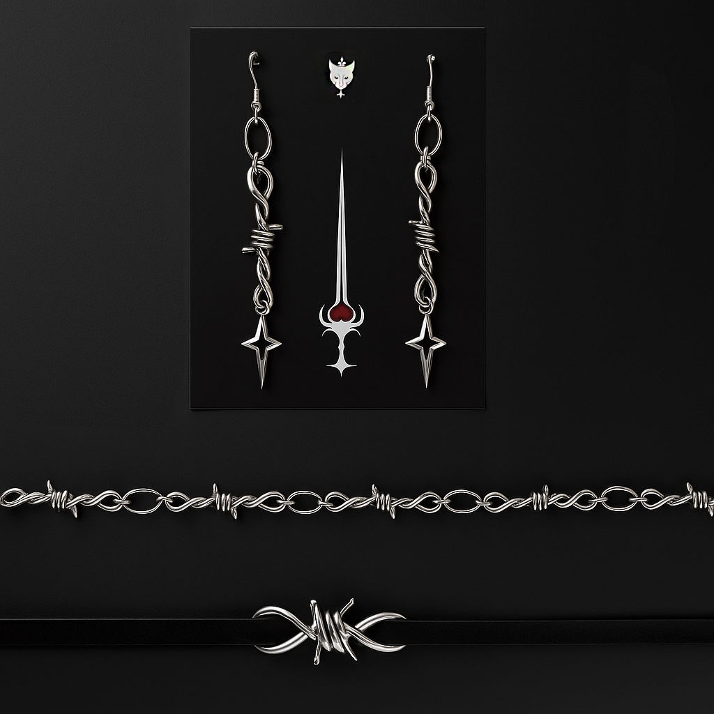 Gothic jewelry combo with leather collar, punk bracelet and grunge earrings - barbed wire and nova star motifs. Perfect for alt, Y2K and Punk fashion enthusiasts across India.