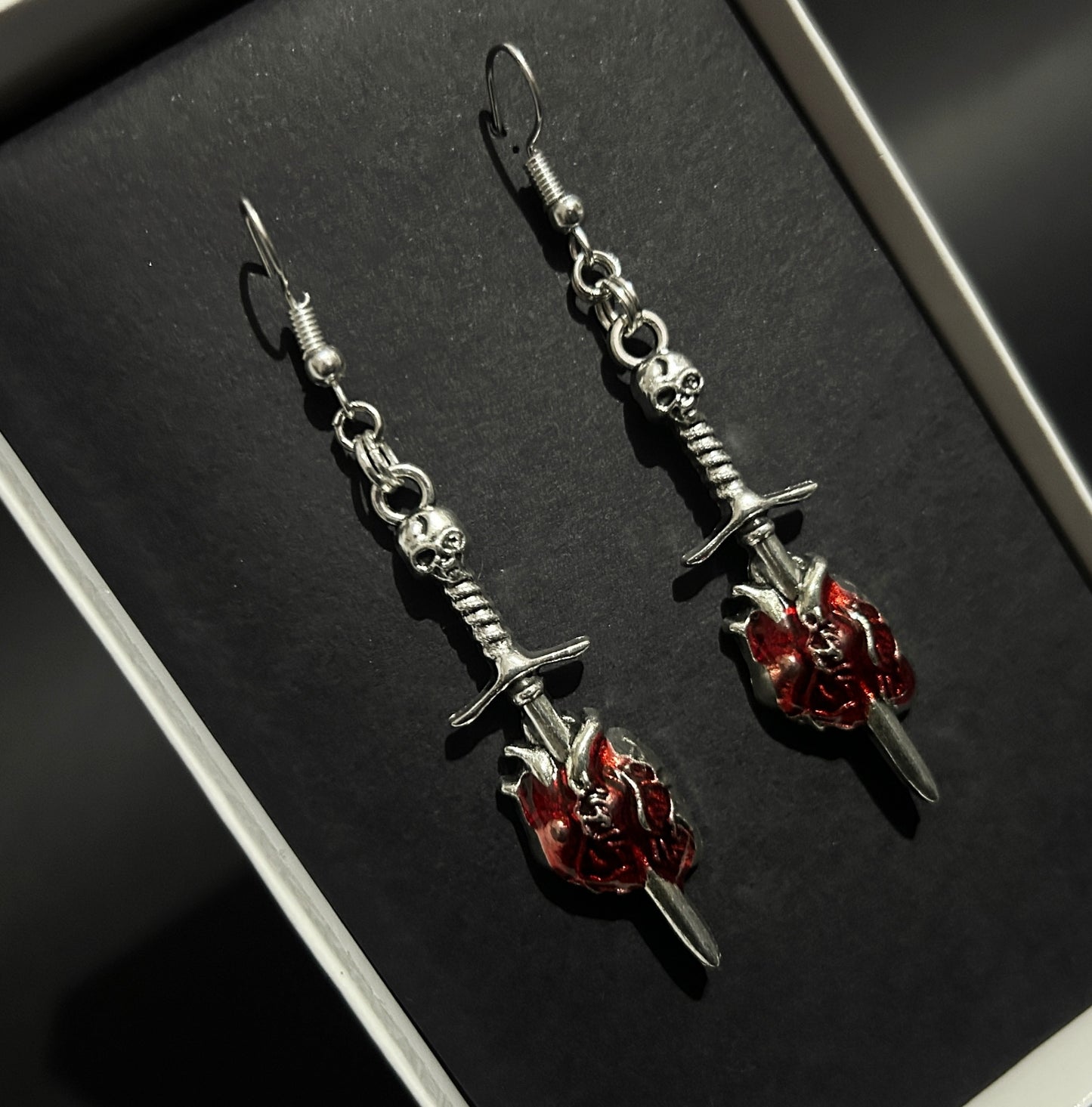 Gothic skull heart earrings by Phantom Cat - Shop alt and punk accessories online for cosplay and dark styling. Heavy-duty, quality jewelry online at affordable rates