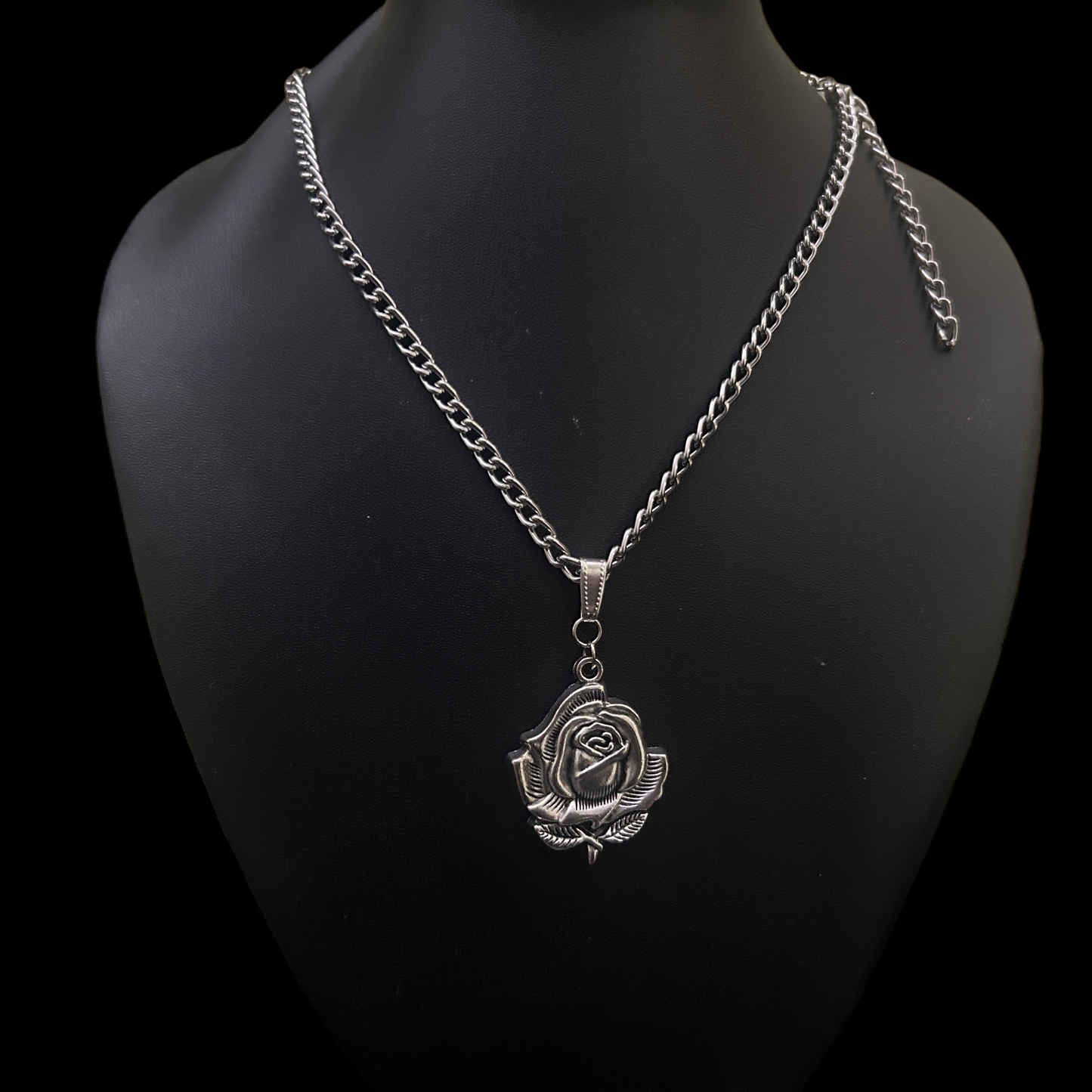 Gothic Rose Necklace by Phantom Cat India - detailed silver rose motif with tarnish proof, sensitive skin safe chain. Affordable hypoallergenic jewelry.
