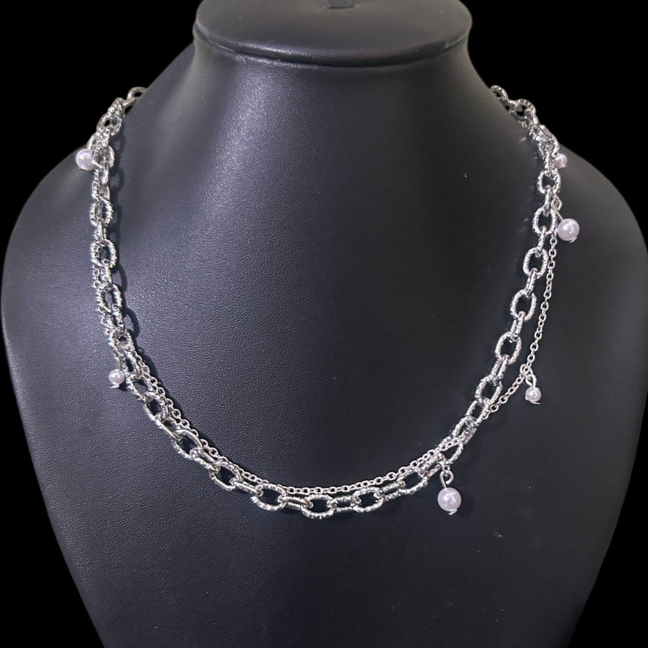 Grunge layered silver chain with pearl drop beads by Phantom Cat India. Unisex necklace and gothic waist accessory - perfect for cosplay and alt styling.