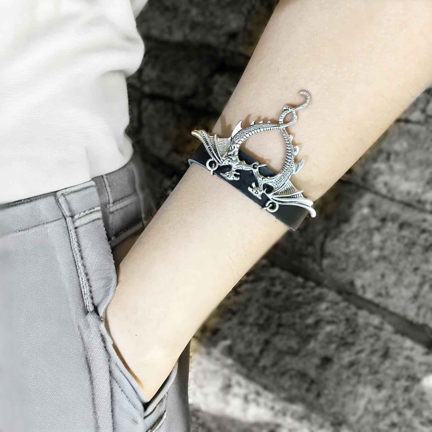 Indian Model wearing Dracarys Leather Cuff by Phantom Cat - Game of Thrones' Khaleesi inspired unisex jewelry and accessories - perfect for lovers of lore and punk alt fashion.