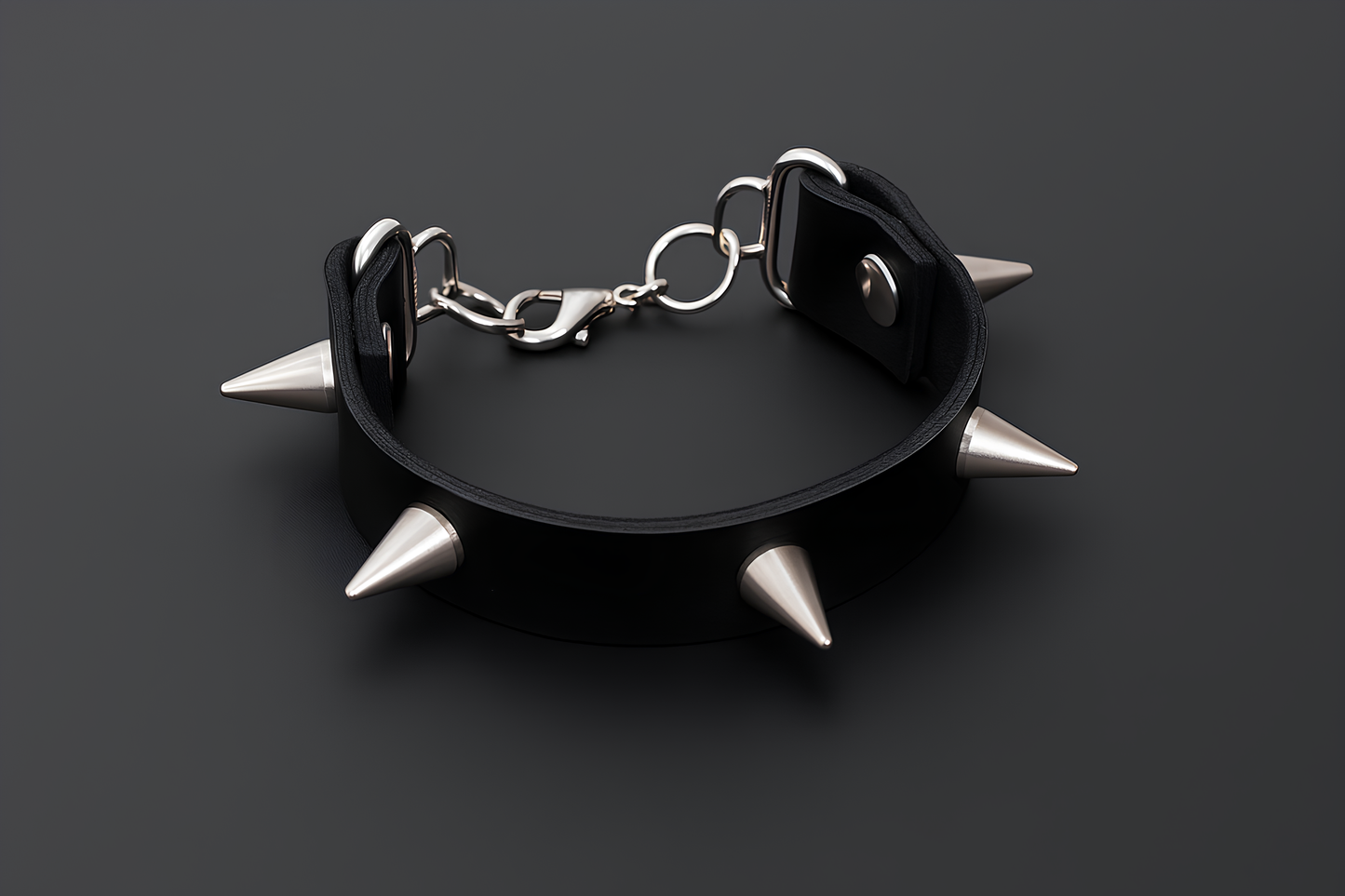 Close-up of Spike leather cuff by Phantom Cat. Inspired by dark, gothic literature, Wuthering Heights' Heathcliff. Tarnish proof, stainless steel, and organic leather for the perfect alt look. Cosplay, Punk Styling, and Concert jewelry online at affordable rates.