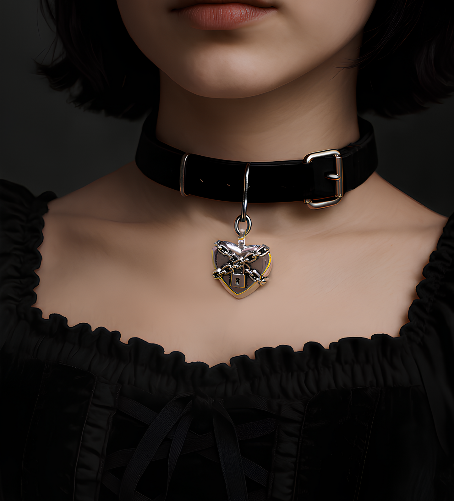 Model wearing Phantom Cat's black leather collar with chained heart, padlock, and keys. Styled with corset for gothic, grunge, and alt fashion. Shop now!
