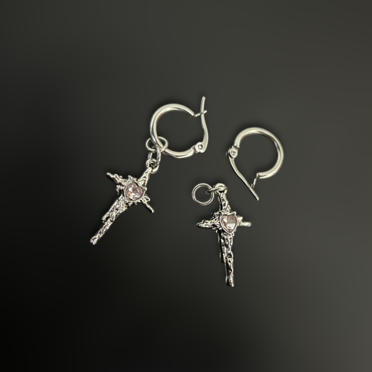 Gothic Cross Earrings with rose quartz pink stone and stainless steel hoops. Perfect for y2k, punk and streetstyle wardrobes. PAN India Shipping.