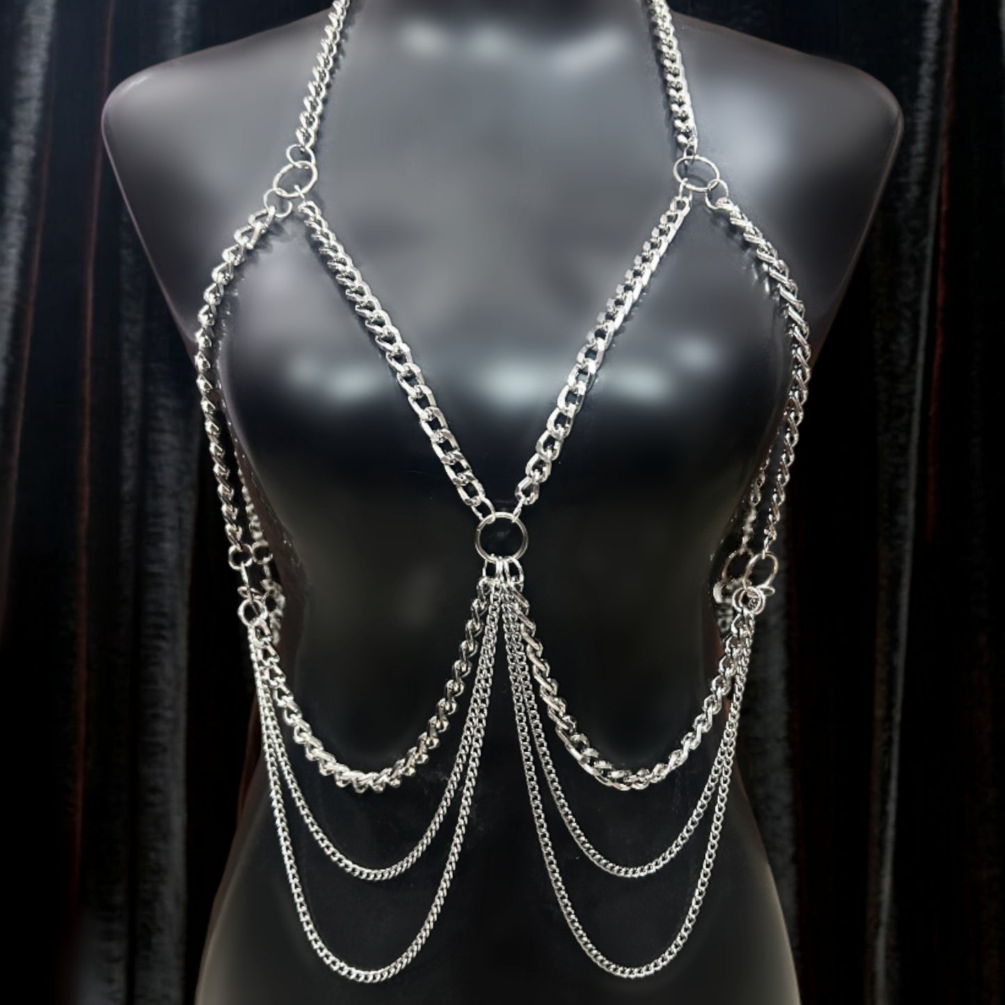 Silver gothic body harness in metal. Tarnish-free alt fashion body Jewelry by Phantom Cat India for women. Perfect for sensitive skin