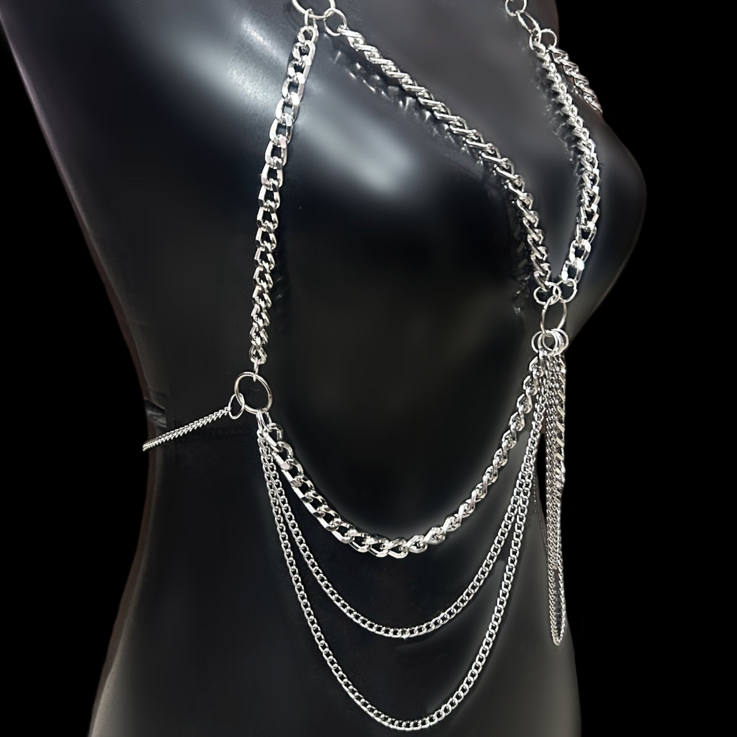 Side view of Obsidian Veil silver body harness featuring layered tarnish-free gothic chains for alt, y2k and grunge fashion accessories lovers across India.