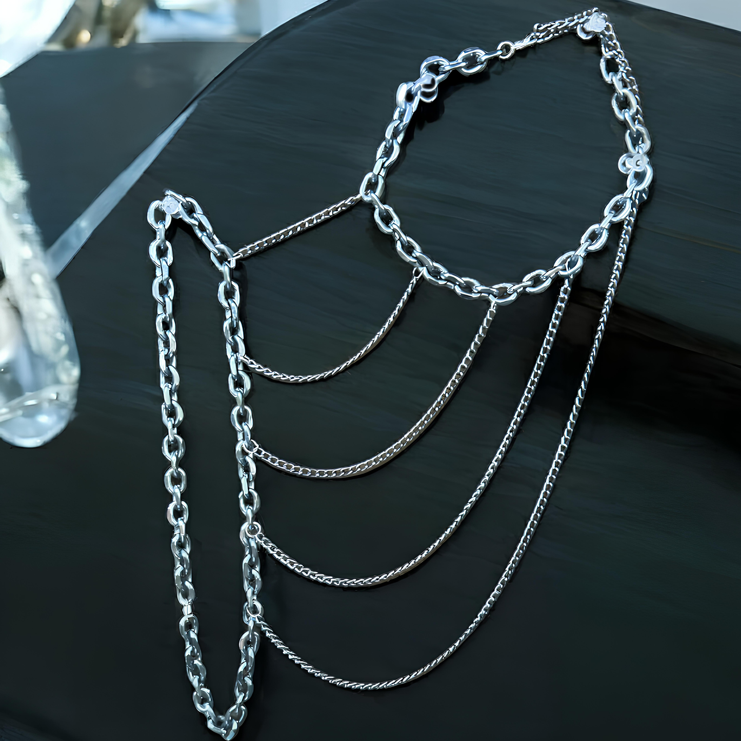 Light-weight metal body harness with stainless steel finish for rockstar, gothic and alt body jewelry enthusiasts. Dark alt fashion accessories by Phantom Cat India