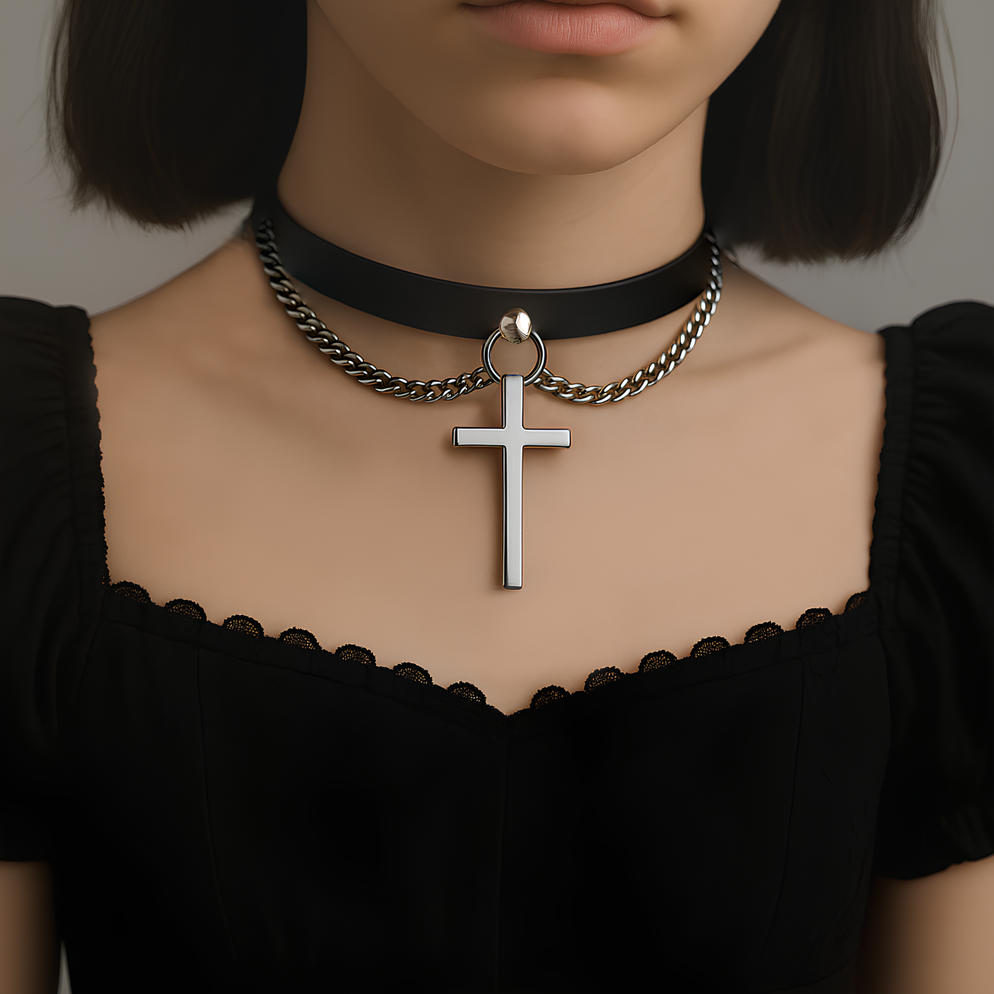 Indian model wearing Saint & Sinner Leather Collar by Phantom Cat with cross pendant and stainless steel chain. Goes well with fishnets, corsets, lace and everything in between.