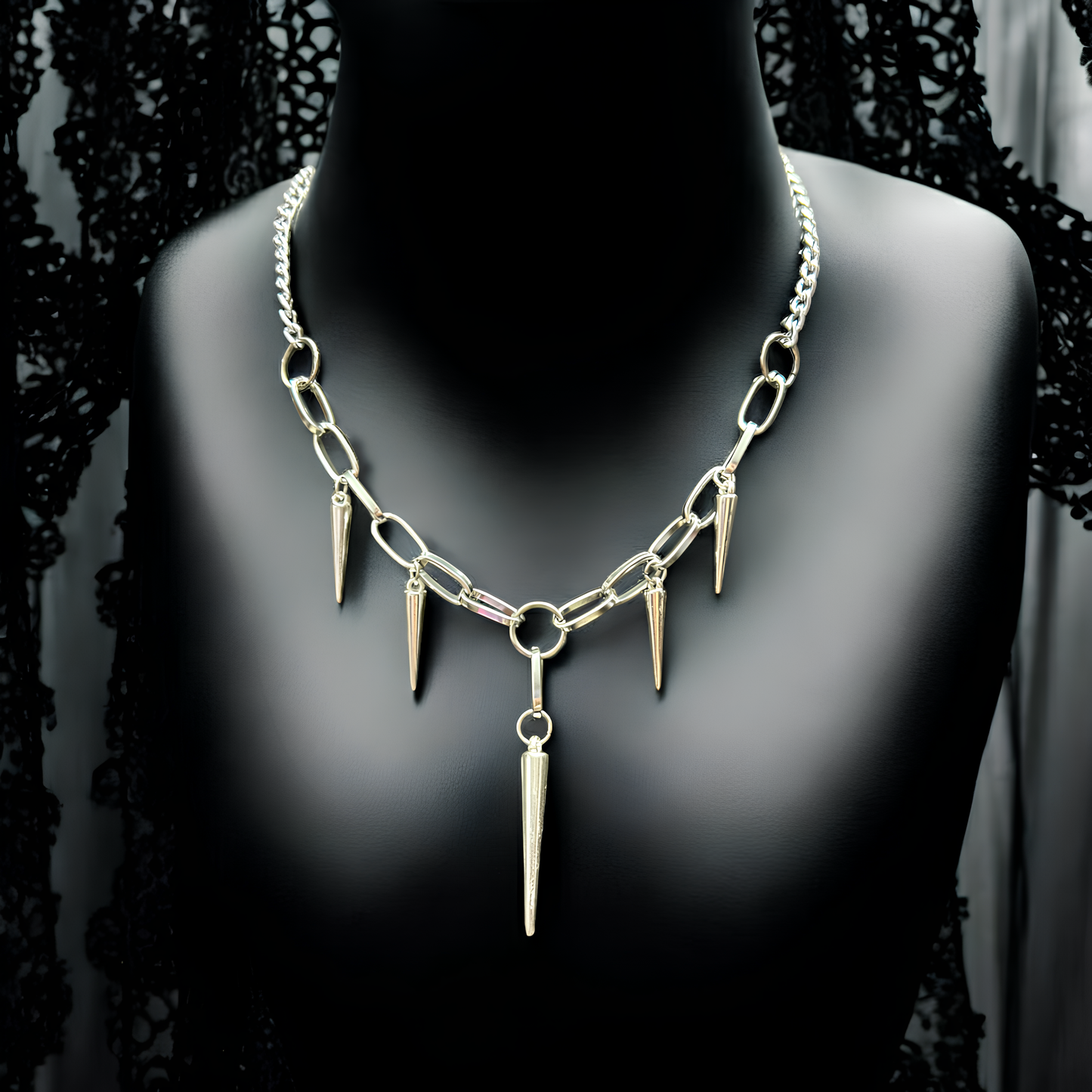 Gothic Unisex Necklace by Phantom Cat India with sharp spike charms and tarnish proof chain. Gothic alt-core jewelry with an industrial, punk-inspired edge.