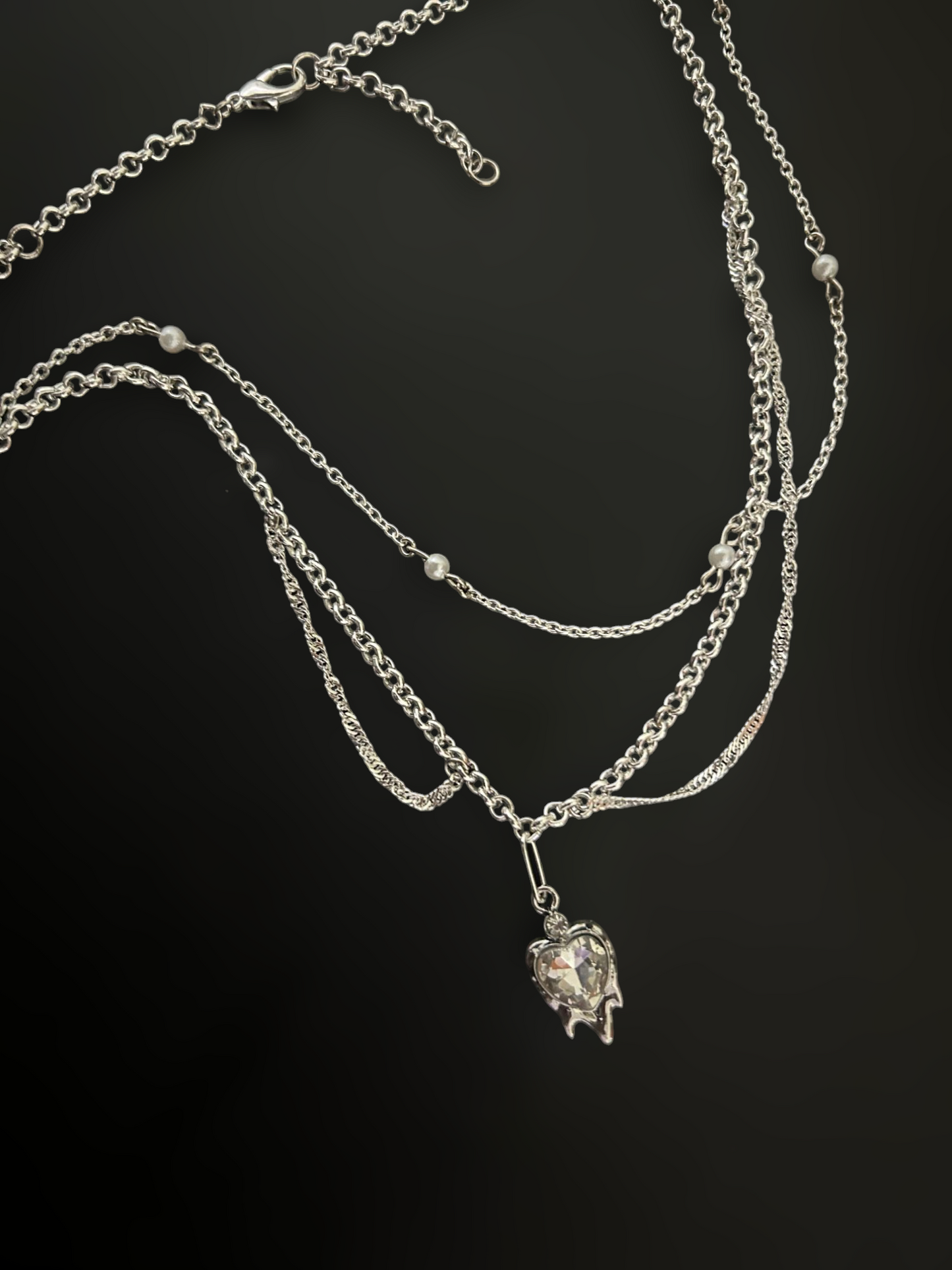 Gothic Heart Pendant Necklace with beaded pearl layered silver Chains - goth romance inspired jewelry and accessories by Phantom Cat India. Perfect for lovers of alt, vintage and grunge fashion.