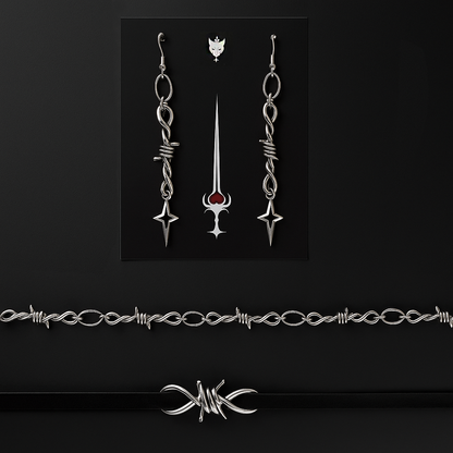Gothic jewelry combo with leather collar, punk bracelet and grunge earrings - barbed wire and nova star motifs. Perfect for alt, Y2K and Punk fashion enthusiasts across India.