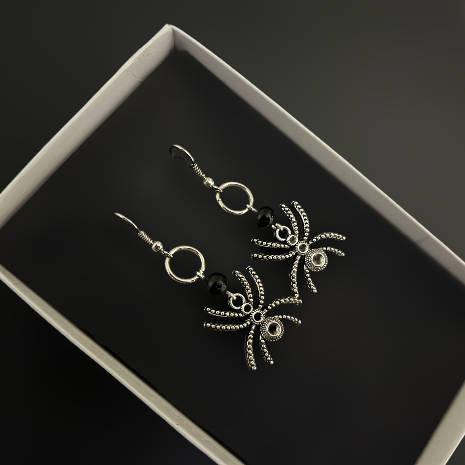 Gothic Spider Earrings with Black Beads and circular links - Card display. Grunge, y2k punk jewelry and accessories by Phantom Cat India at affordable rates!