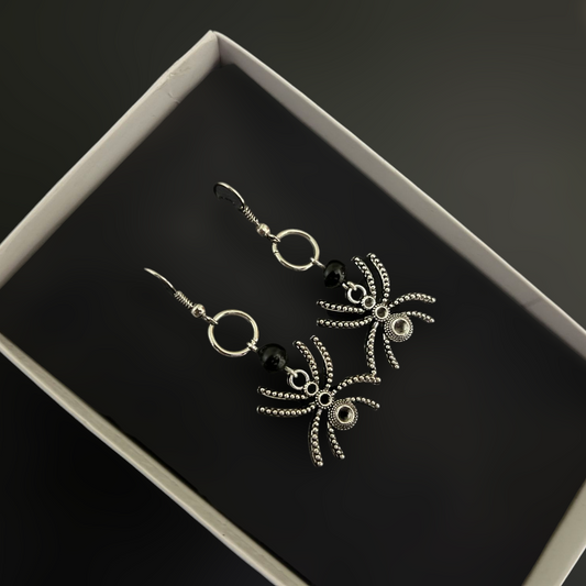Gothic Spider Earrings with Black Beads and circular links - Card display. Grunge, y2k punk jewelry and accessories by Phantom Cat India at affordable rates!