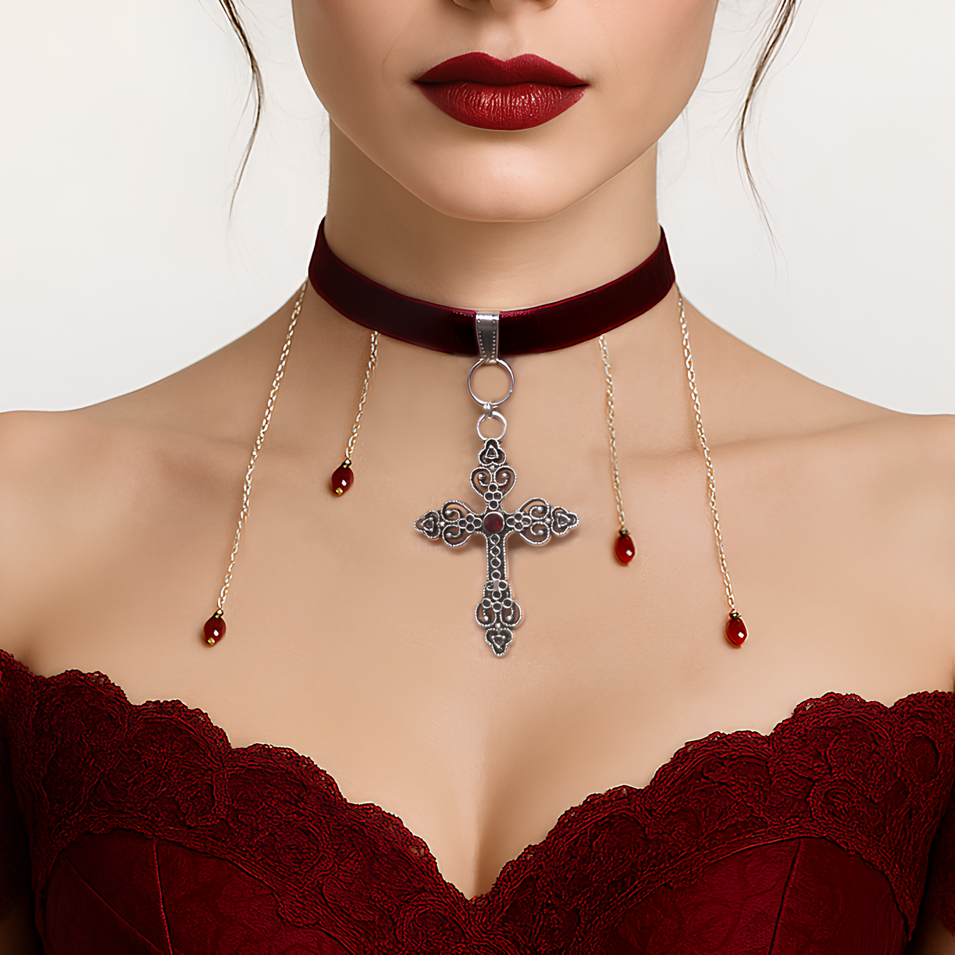 Gothic Cross Choker with beads by Phantom Cat India - Silver, intricate crucifix pendant on soft, crimson hand-stitched velvet. For grunge & wiccan jewelry enthusiasts.