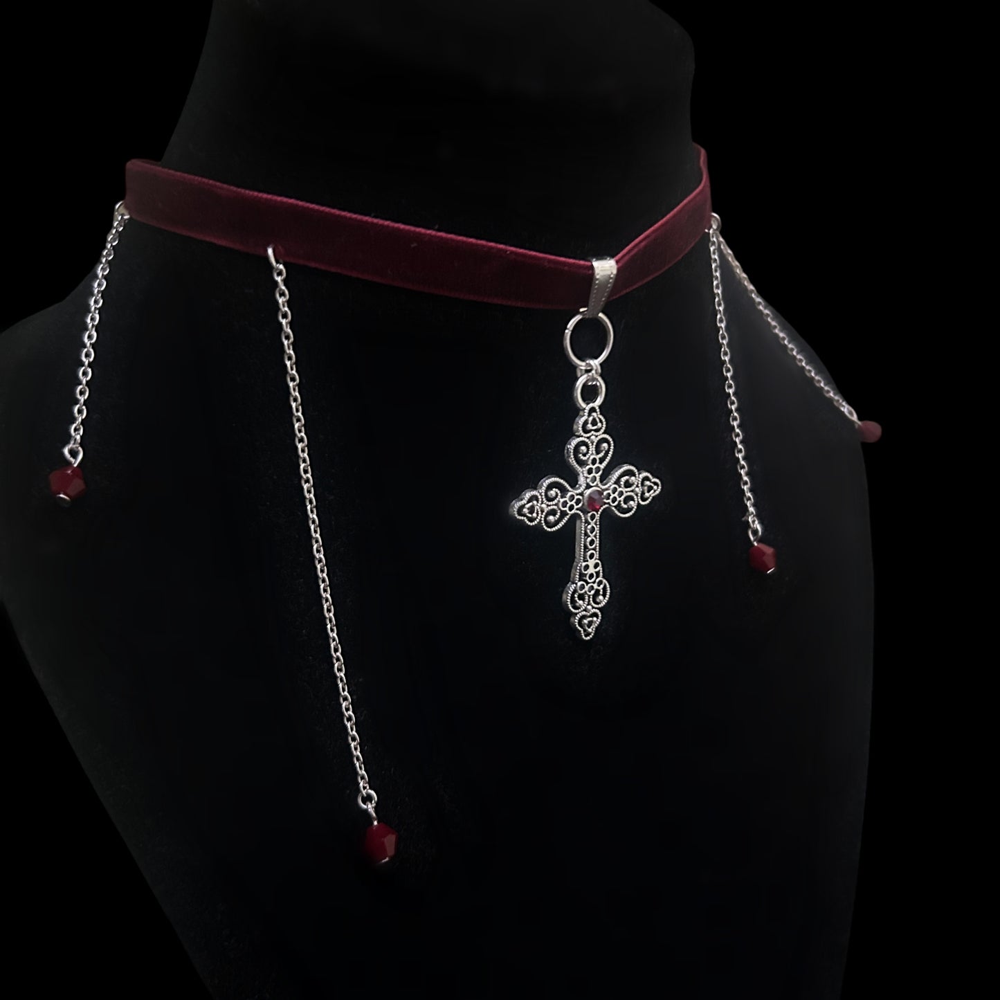 Gothic Cross Jewelry with Red Beads - handmade, anime cosplay, y2k fashion rockstar jewelry by Phantom Cat India. Inspired by Penny Dreadful. 