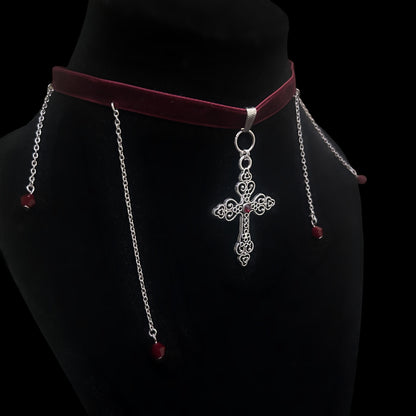 Gothic Cross Jewelry with Red Beads - handmade, anime cosplay, y2k fashion rockstar jewelry by Phantom Cat India. Inspired by Penny Dreadful. 
