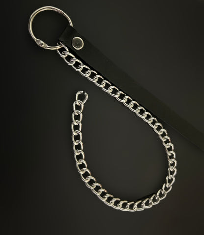 Flat lay of thick soft grain leather wrist cuff with anti tarnish chains — industrial alt bracelet from Phantom Cat. Gothic grunge accessories India, unisex jewelry for punk, y2k, and alt-core fashion. Lightweight, comfortable, and built to last.