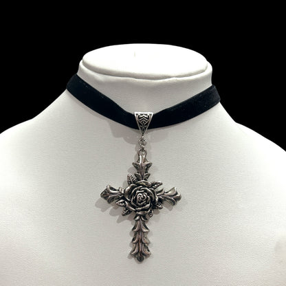 Gothic choker with oxidized silver rose cross pendant.  Hand-stitched and hand-cut black velvet for sensitive skin. Perfect for lovers of alt and grunge fashion 