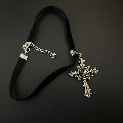 Intricate Cross Rose Pendant close up, size adjustable velvet choker necklace. Shop Gothic Jewelry in India for hypoallergenic skin  