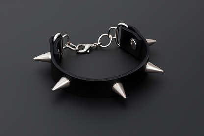 Close-up of Spike leather cuff by Phantom Cat. Inspired by dark, gothic literature, Wuthering Heights' Heathcliff. Tarnish proof, stainless steel, and organic leather for the perfect alt look. Cosplay, Punk Styling, and Concert jewelry online at affordable rates. 