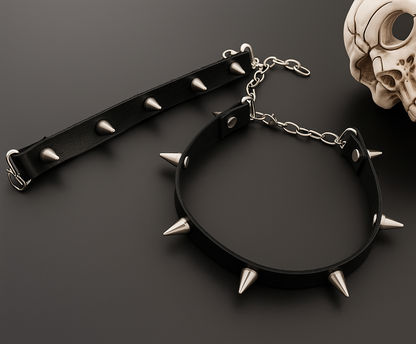 Pure leather spikes unisex choker and wrist cuff for lovers of alt fashion and gothic romance. Perfect for punk, rockstar and concert wardrobes and styling