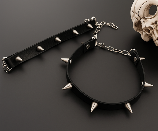 Pure leather spikes unisex choker and wrist cuff for lovers of alt fashion and gothic romance. Perfect for punk, rockstar and concert wardrobes and styling