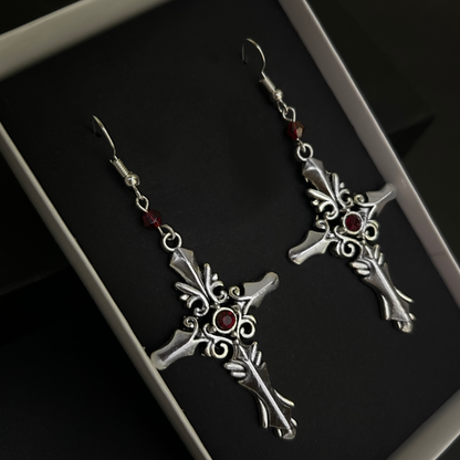 Bloodstone Cross Gothic Earrings