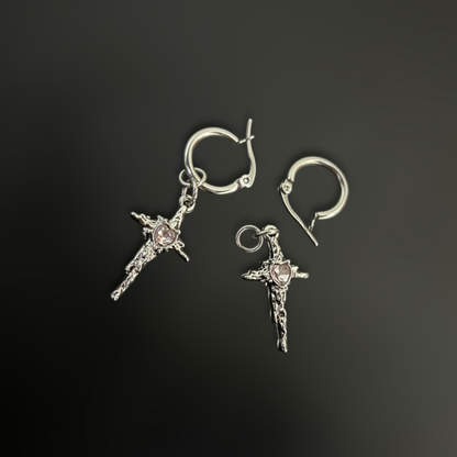 Gothic Cross Earrings with rose quartz pink stone and stainless steel hoops. Perfect for y2k, punk and streetstyle wardrobes. PAN India Shipping. 