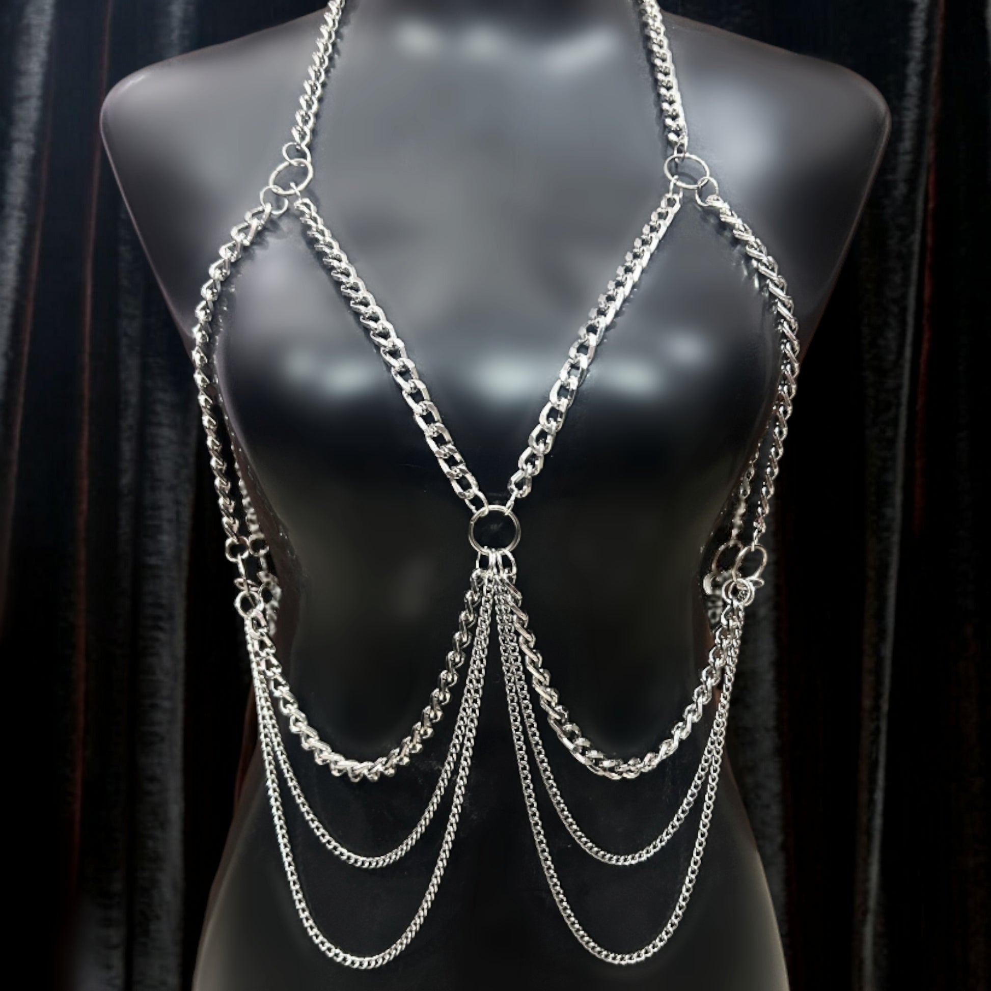Silver gothic body harness in metal. Tarnish-free alt fashion body Jewelry by Phantom Cat India for women. Perfect for sensitive skin 