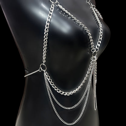 Side view of Obsidian Veil silver body harness featuring layered tarnish-free gothic chains for alt, y2k and grunge fashion accessories lovers across India.
