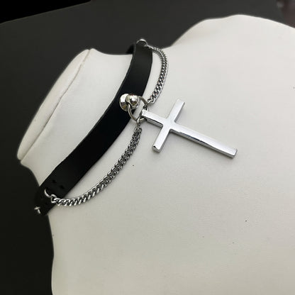 Side view - Saint & Sinner Collar feat. stainless steel crucifix and curved chain on black natural leather choker. Affordable gothic alt accessories  for y2k and cosplay lovers across India
