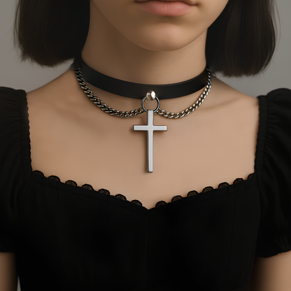 Indian model wearing Saint & Sinner Leather Collar by Phantom Cat with cross pendant and stainless steel chain. Goes well with fishnets, corsets, lace and everything in between. 