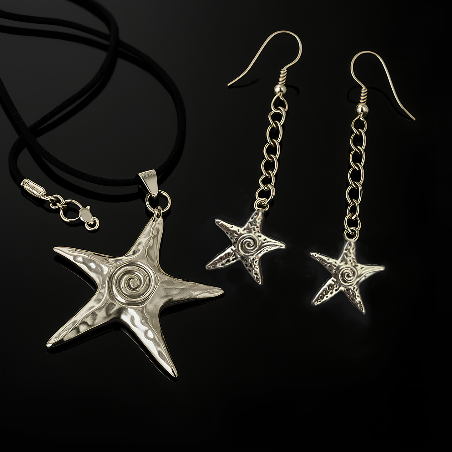Celestial Star Jewelry by Phantom Cat - Grunge Swirl Star Pendant on Leather Cord with matching chain earrings - perfect for y2k styling and anime cosplay lovers across India. 