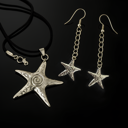 Celestial Star Jewelry by Phantom Cat - Grunge Swirl Star Pendant on Leather Cord with matching chain earrings - perfect for y2k styling and anime cosplay lovers across India. 