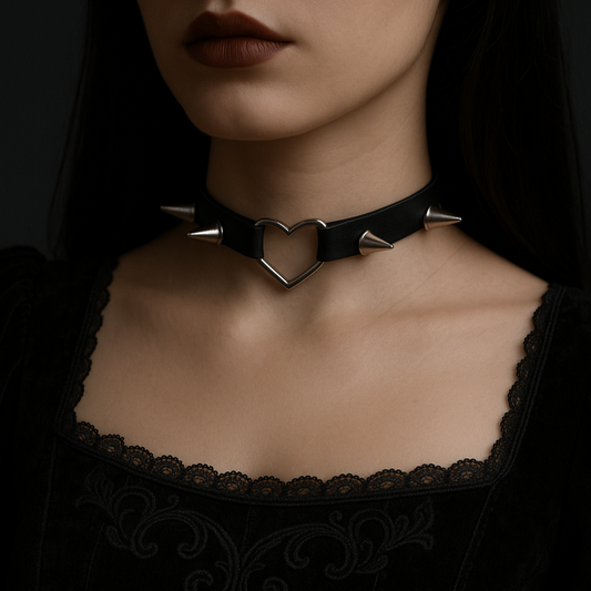 Model wearing black leather spiked choker with silver heart. Alt, grunge, and dark aesthetic fashion suitable for cosplay and punk-inspired looks in India. Noir Romance Aesthetic 