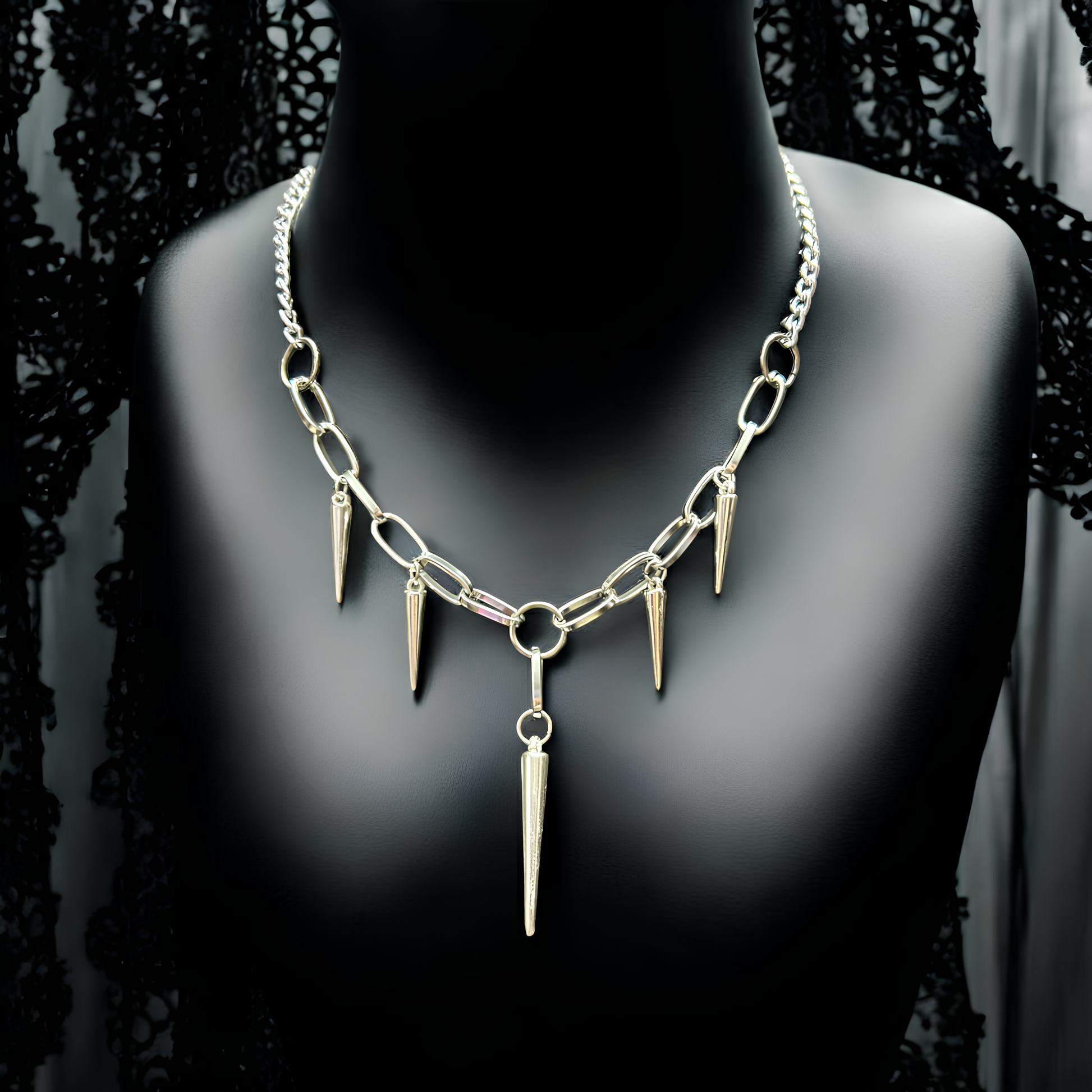 Gothic Unisex Necklace by Phantom Cat India with sharp spike charms and tarnish proof chain. Gothic alt-core jewelry with an industrial, punk-inspired edge. 