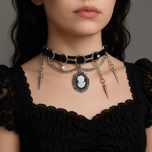 Model wearing Victorian Gothic Choker feat. authentic leather, stainless steel curb chain, pearl drops and spike charms. Alt jewelry styled for grunge and dark fashion looks in India.
