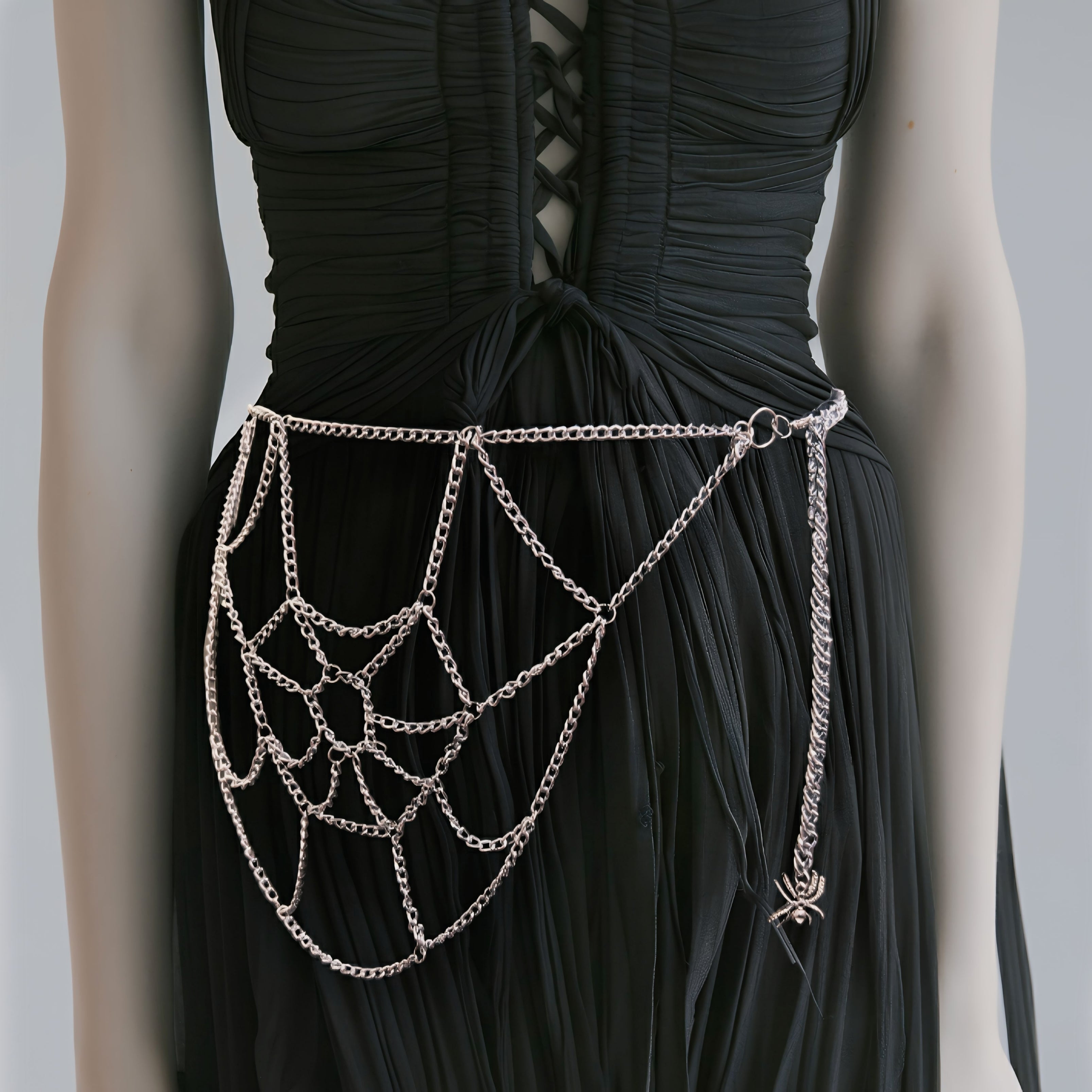 Widow's Web Gothic Chain Belt and Necklace - Grunge Body Jewelry on Model's Waist 