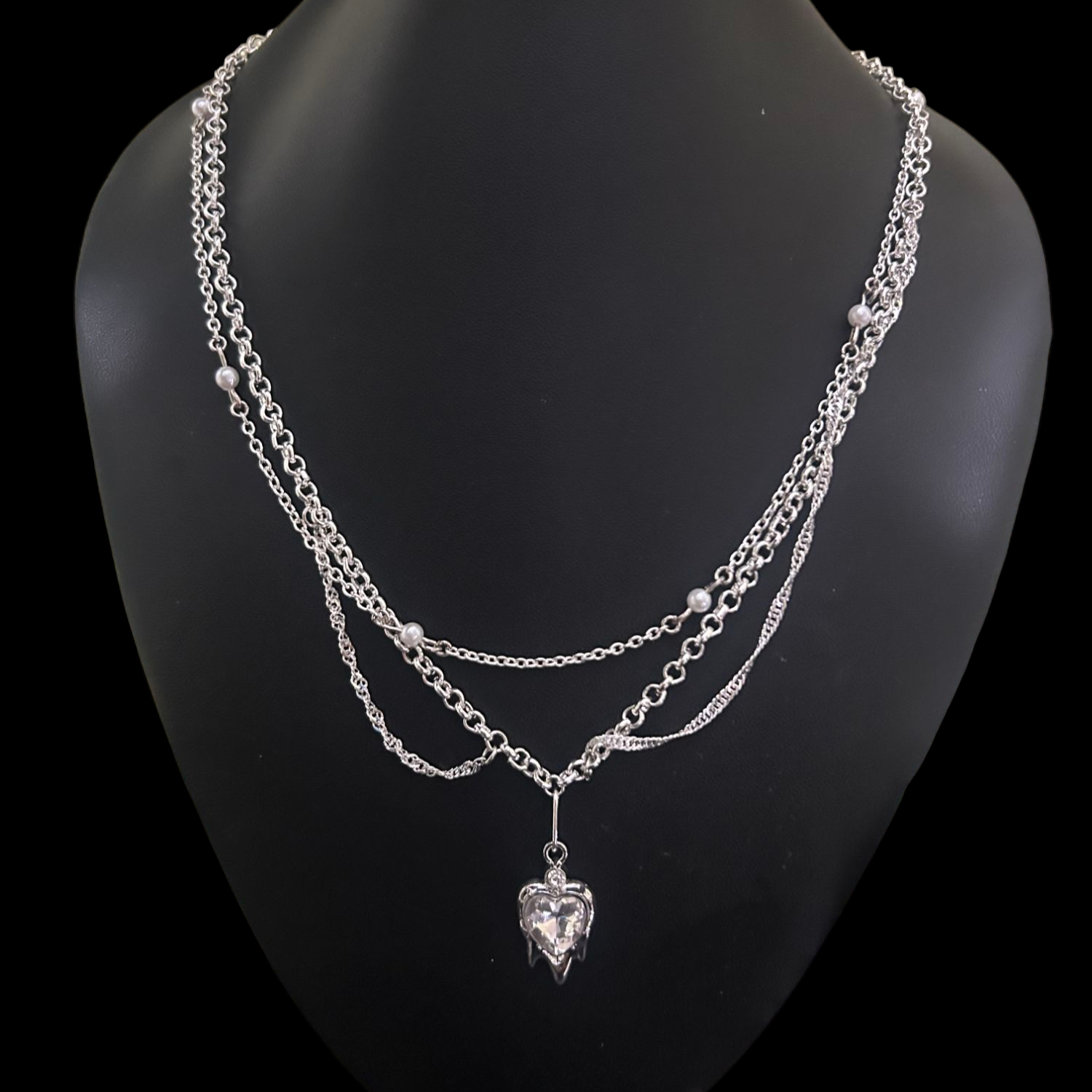 Iced heart grunge layered necklace by Phantom Cat. Shop Y2K and Kpop fashion jewelry online for everyday alt wear. Beaded layered pearl chains - perfect for grunge styling and cosplay